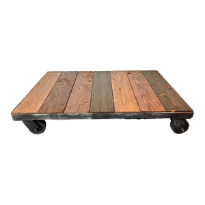 VTG Industrial Factory Cart Coffee Table, Wood Top and Metal Casters