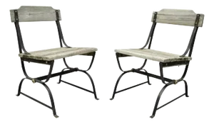 Early 20th Century Antique French Industrial Wrought Iron Wooden Slat Seat Side Chairs - a Pair