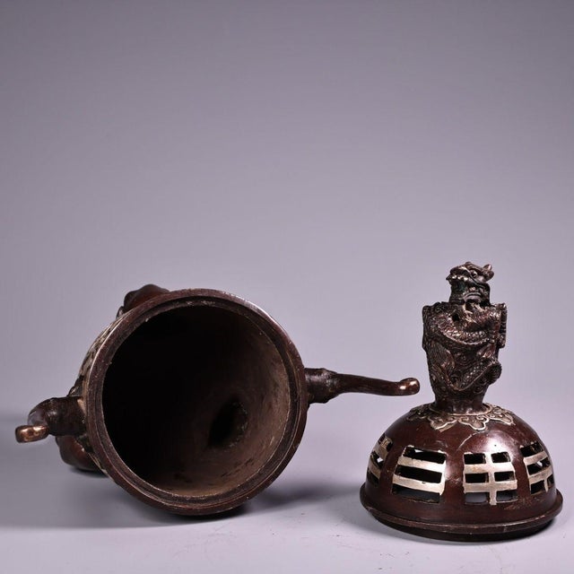 Metal Bronze & Silver-Inlaid Tripod Censer With Elephant Legs & Bagua Lid For Sale - Image 7 of 8