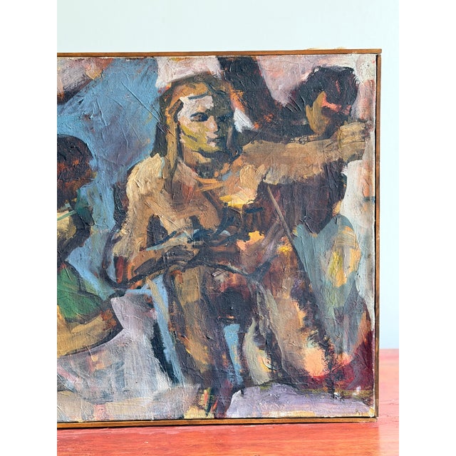 A compelling 1950s French modernist figurative painting, executed in oil on canvas and depicting a loosely assembled group...