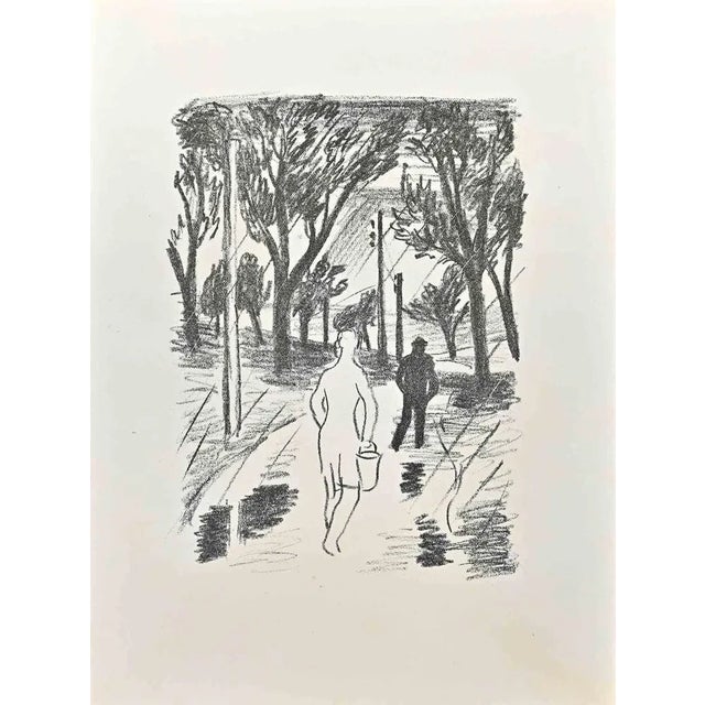 Walking Into The Forest is an original lithograph on ivory-colored paper realized by Wilhelm Gimmi in 1955 ca. Very Good...