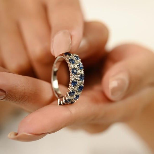 Ink Blue 1.14 Carat Blue Sapphire & Diamond Half Eternity Wedding Band Ring Size 5.5 in 18k White Gold For Sale - Image 8 of 13