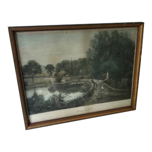 1970s Framed Print of Stone Bridge and Lake, Signed by Artist