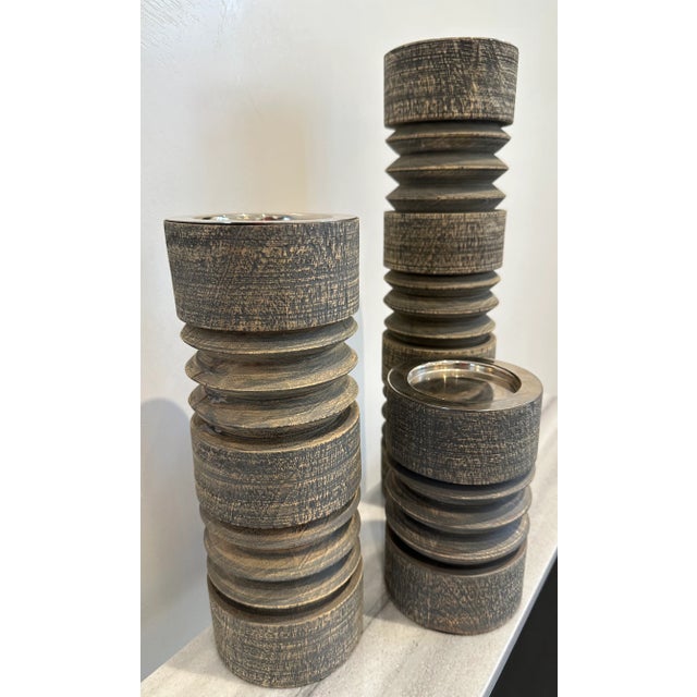 Studio A Home Weathered Large Scale Candle Holders - Set of 3 For Sale In New York - Image 6 of 8