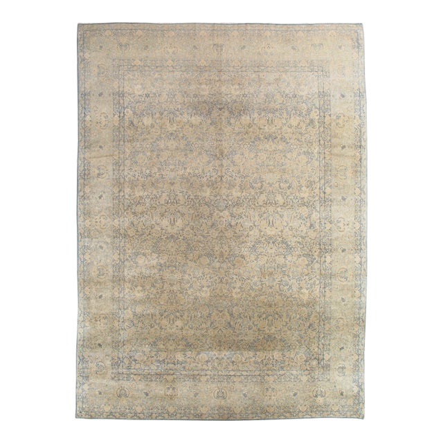 Antique Persian Lavar Kerman Oriental Carpet, Handmade Persian Rug, Ivory, Blue For Sale
