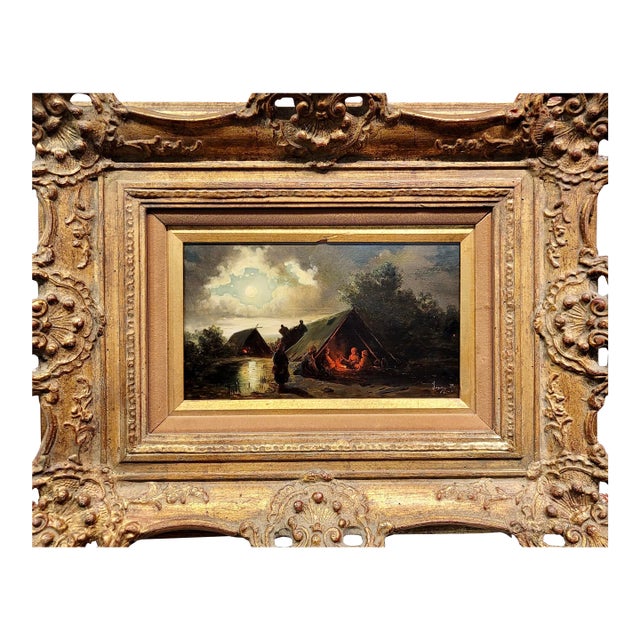 19th Century Continental School -Under the Moon Nite Campfire-Oil Painting For Sale