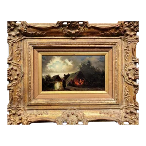 19th Century Continental School -Under the Moon Nite Campfire-Oil Painting