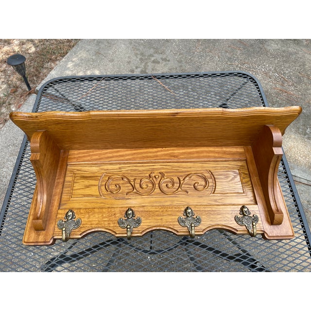 Vintage French Tiger Oak 27" Wall Shelf Coat and Hat Rack For Sale - Image 17 of 17