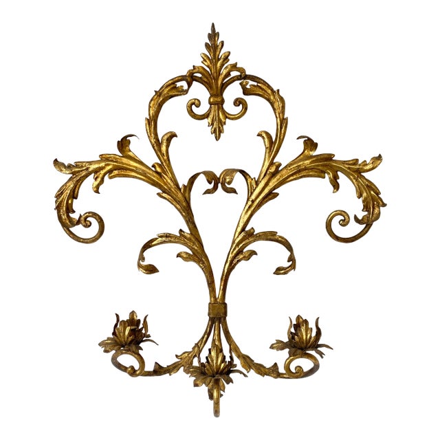 Vintage Spanish Gilded Metal Candle Wall Sconce For Sale