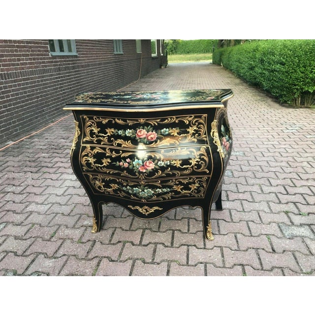 1950s French Louis XVI Black Floral Beech Commode Chest For Sale - Image 10 of 10