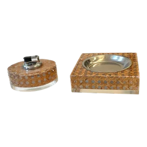 Crespi Style Lucite and Caning Smoking Set- Working Table Lighter and Ashtray