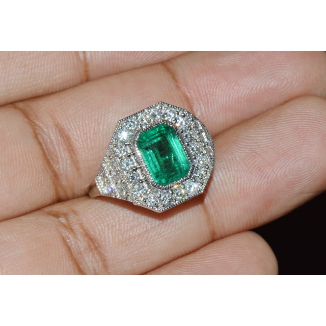 Gia Certified 3.98ct Natural Zambian Emerald & Diamond Tiered Halo Milgrain 18k White Gold Ring, Size 6.5 For Sale - Image 11 of 16