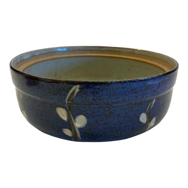 Vintage Hand-Thrown Studio Pottery Cobalt Blue Botanical Stoneware Bowl For Sale