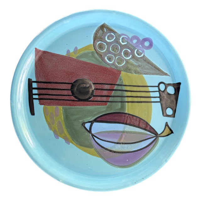 Large Plate with Cubist Decoration by Janou Pitons for the Breton Artistic Earthenware Factory of Porcin, 1950 For Sale