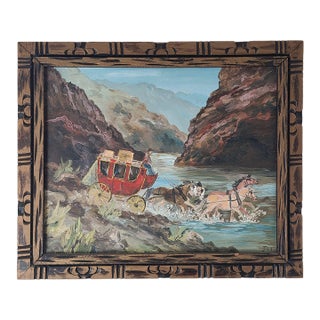 Vintage 1960s Americana Folk Art Oil Painting Wild West Stagecoach & Horses For Sale