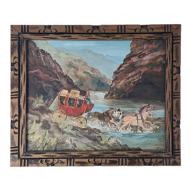 Vintage 1960s Americana Folk Art Oil Painting Wild West Stagecoach & Horses For Sale
