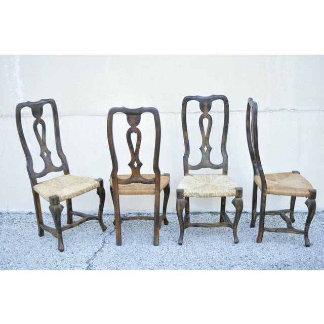 Spanish Rococo Rush Seat Distressed Carved Wood Dining Side Chairs ...