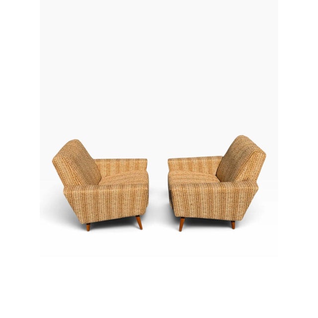 1960s Pair of Danish Modern Lounge Chairs | Sculptural Flared Arms in Woven Tweed | Tapered Wood Legs | C. 1960s For Sale - Image 5 of 16