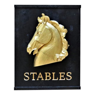 Large Hand Carved Wood Horse Stables Sign Gold Leaf on Black For Sale