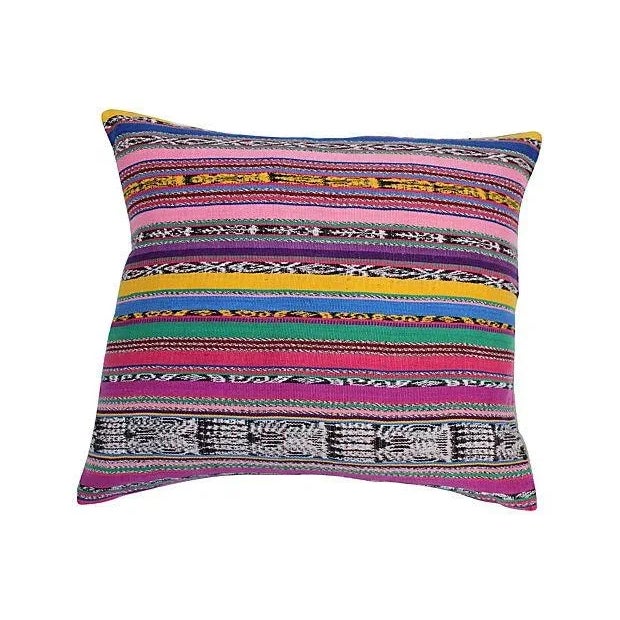 Pair of pillows in vintage colorful striped handwoven cotton ikat skirt fragment from a Paris flea market. New linen back...