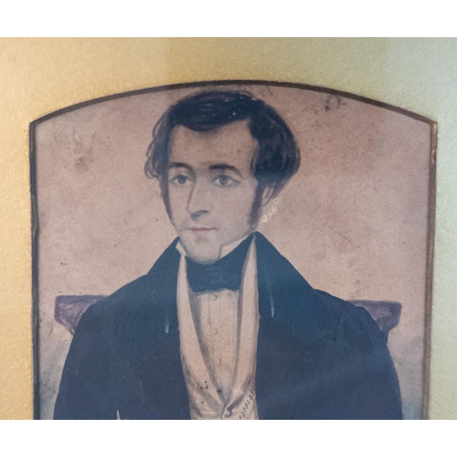 19th Century Folk Art Americana Miniature Double Portrait Water Color Paintings For Sale - Image 10 of 12