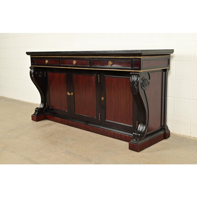 Neoclassical Ralph Lauren French Empire Carved Mahogany Marble Top Sideboard or Bar Cabinet For Sale - Image 3 of 15