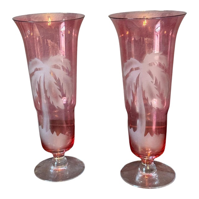 Cranberry Etched Art Glass Vases With Palm Tree Decoration - A Pair For Sale