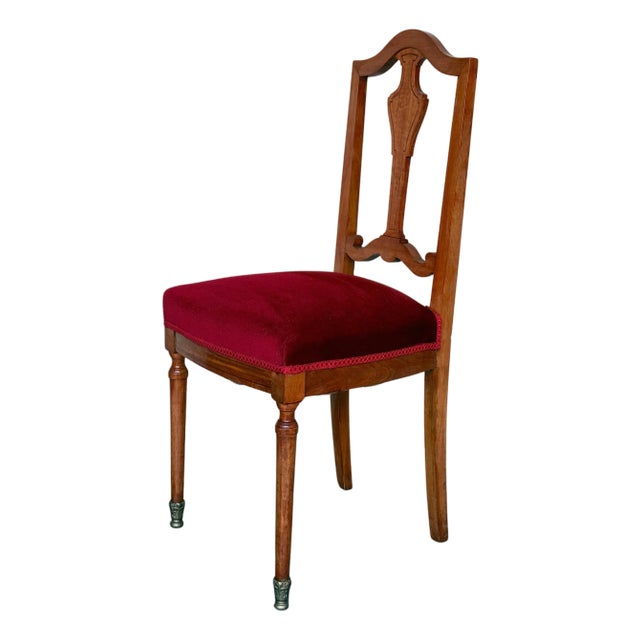 Early 20th Century Late Victorian Oak Ladderback Dining Side Chair with Red Velvet Seat For Sale