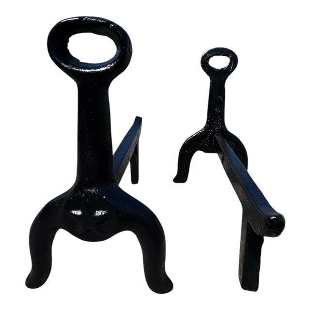 Metal Antique Heavy Cast Iron Loop Top Fireplace Andirons Fire Dogs Pair Early 1900s For Sale - Image 7 of 17