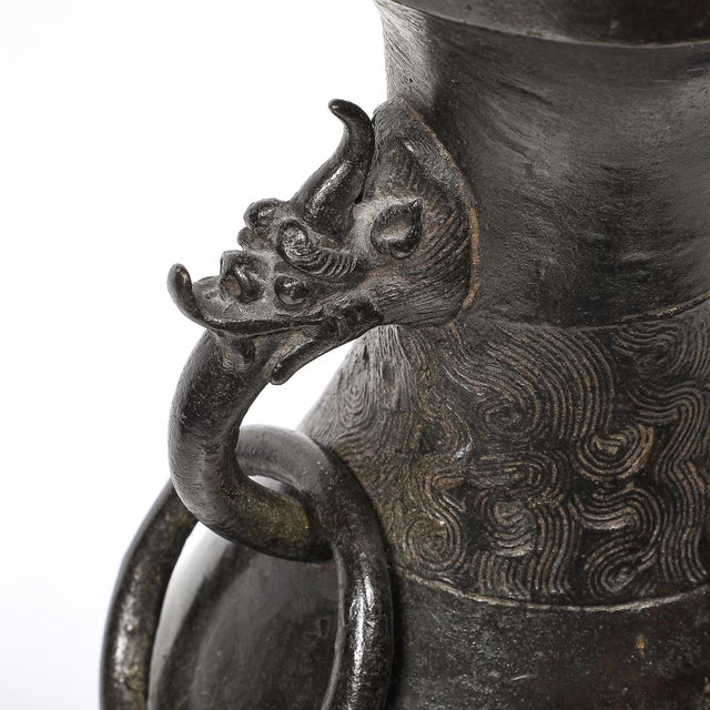 Pair of Mid-Century Iron Dragon Amphora Chinoiserie Table Lamps W/ Ring Details For Sale - Image 13 of 15