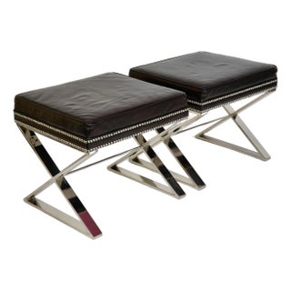 Lexington Black Ice Leather Studded Ottomans- Set of 2 For Sale