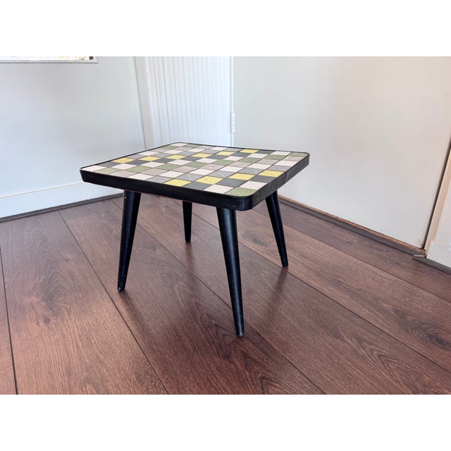 Vintage Modernist wood and Ceramic mosaic Side Table, 1950s Table is in very good condition