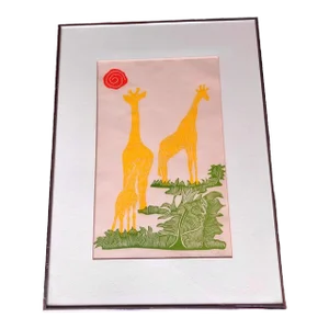 Vintage Seattle Artist Giraffe Block Print, Signed and Numbered, Professionally Matted and Framed