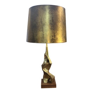 Richard Barr Cast Brass Brutalist Abstract Lamp With Custom Shade for Laurel Lighting Co. For Sale
