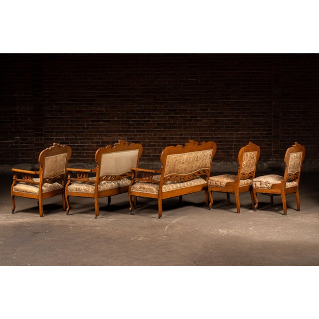 Victorian Late 19th Century Victorian Eastlake Carved Oak Parlor Suite – 6 Piece Set For Sale - Image 3 of 18