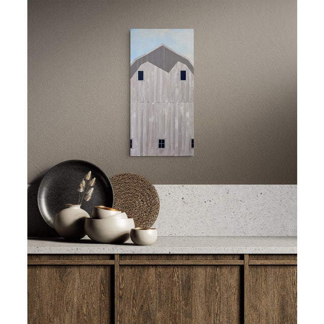 Gray Double T Ranch by Justin Wheatley | Acrylic on Panel Grey Barn With Blue Sky For Sale - Image 8 of 8