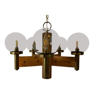 Mid 20th Century Danish Modern Atomic Oak Wood & Brass Chandelier With Smoke Glass Globes For Sale