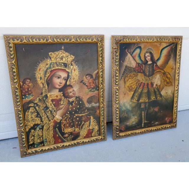 Pair Cusco School Paintings Madonna and Child & Archangel Barachiel 20th Century For Sale - Image 10 of 12