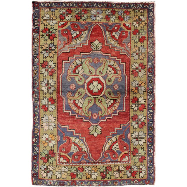 Vintage Turkish Oushak Rug in Red, Blue, and Green With Decorative Medallion For Sale