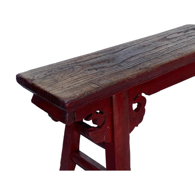 Wood Vintage Brick Red Rural Village Rustic Slim Wood Seating Bench For Sale - Image 7 of 9