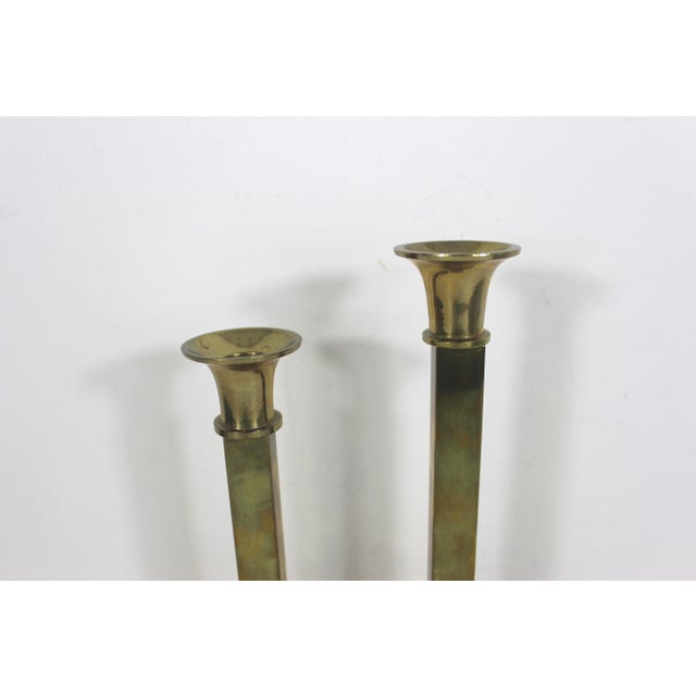 Metal Mid Century Set of Two Vintage Brass Candle Holders, Candle Sticks, Pair of Candleholders, 2 Tall Candlesticks Retro Patina Square For Sale - Image 7 of 7