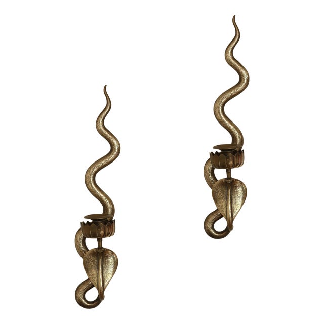 Egyptian Revival Style Engraved Brass Cobra Sconces, Set of 2 For Sale