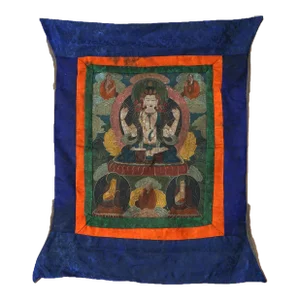 Antique Tibetan Hand Painted Silk and Canvas Thangka with Figures, Circa 1920