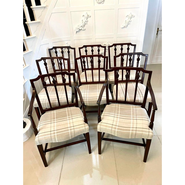 Fine set of 8 antique george iii mahogany dining chairs consisting of a pair of elbow chairs and 6 single chairs having...