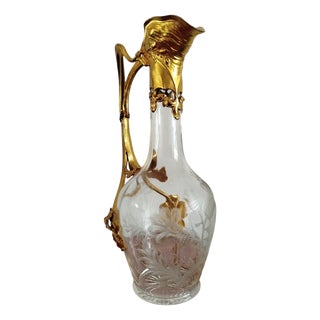 Antique Art Nouveau Belle Epoque Jug in Gilt Metal Ormolu and Hand-Engraved Glass, 1900s For Sale