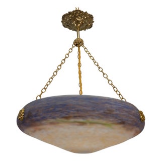 Art Nouveau Violet and Amber Glass and Brass Pendant Light, France, 1920 For Sale