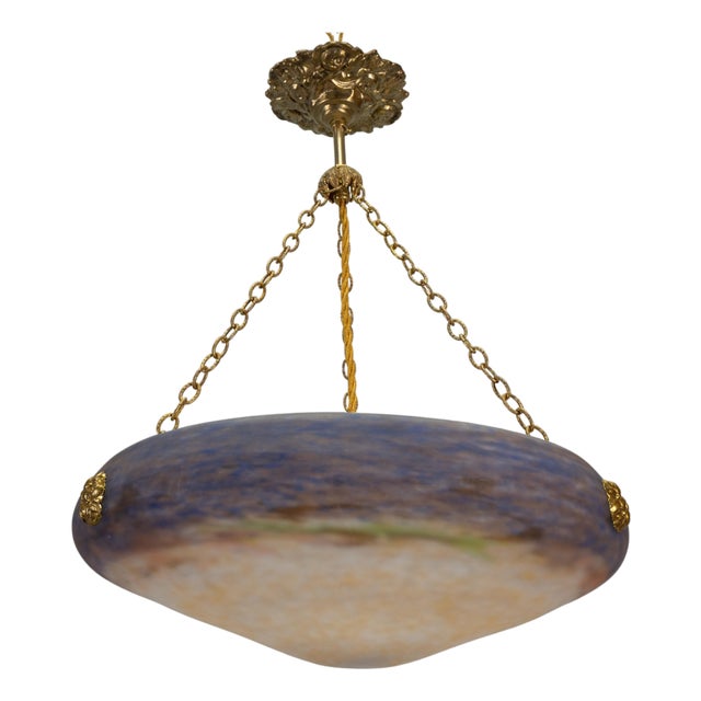 Art Nouveau Violet and Amber Glass and Brass Pendant Light, France, 1920 For Sale