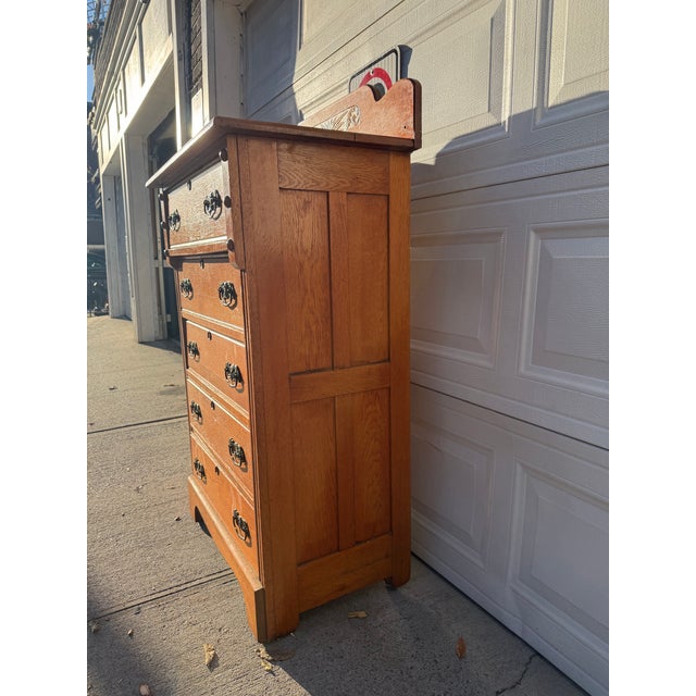 Victorian Antique Victorian Eastlake Oak Highboy Dresser With Knapp Joints and Carved Sunburst Crest For Sale - Image 3 of 12