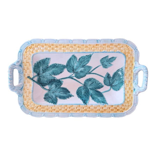 Italian Majolica Decorative Basketweave Platter With Ivy Leaves For Sale