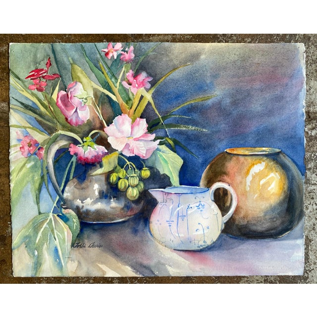 Traditional 1980s Tollie Davis Floral Still Life With Pottery For Sale - Image 3 of 3
